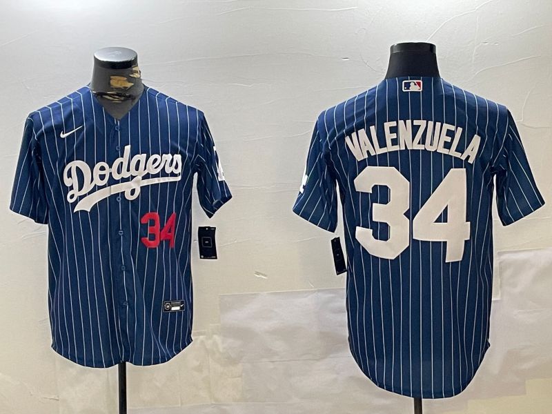 Men Los Angeles Dodgers 34 Valenzuela Blue Stripe Game 2024 Nike MLB Jersey style 11207